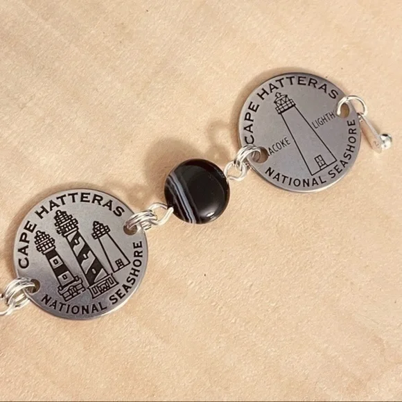 Mixed Metal Lighthouse Black Agate Statement Bracelet 7.5β Travel Vacation - Picture 4 of 8